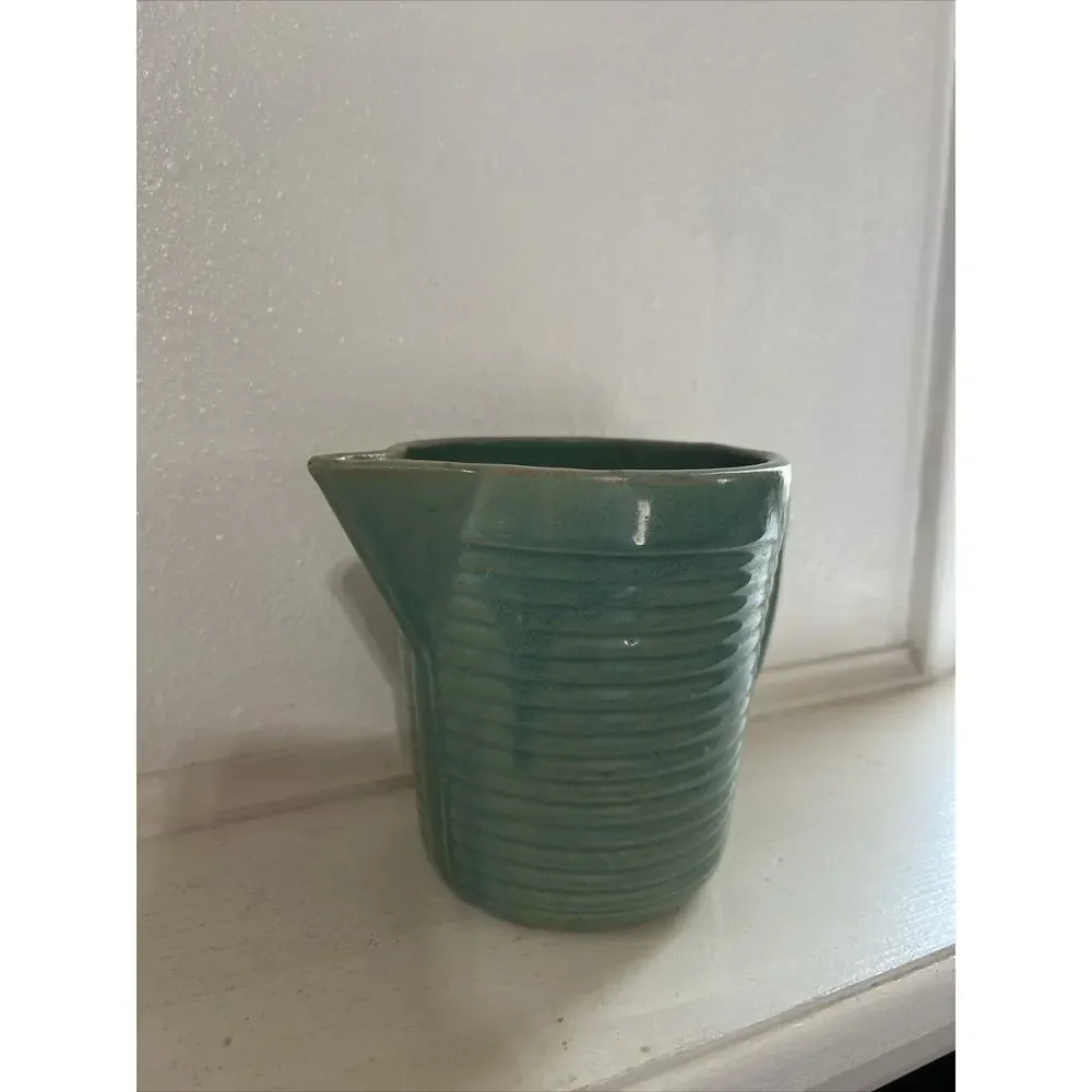 Handmade Pottery Teal Glazed Ribbed Pitcher
